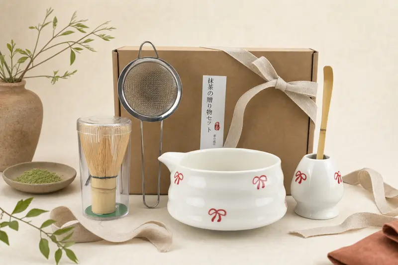 Well-kept bamboo matcha whisk standing on a ceramic holder next to a worn whisk with bent tines