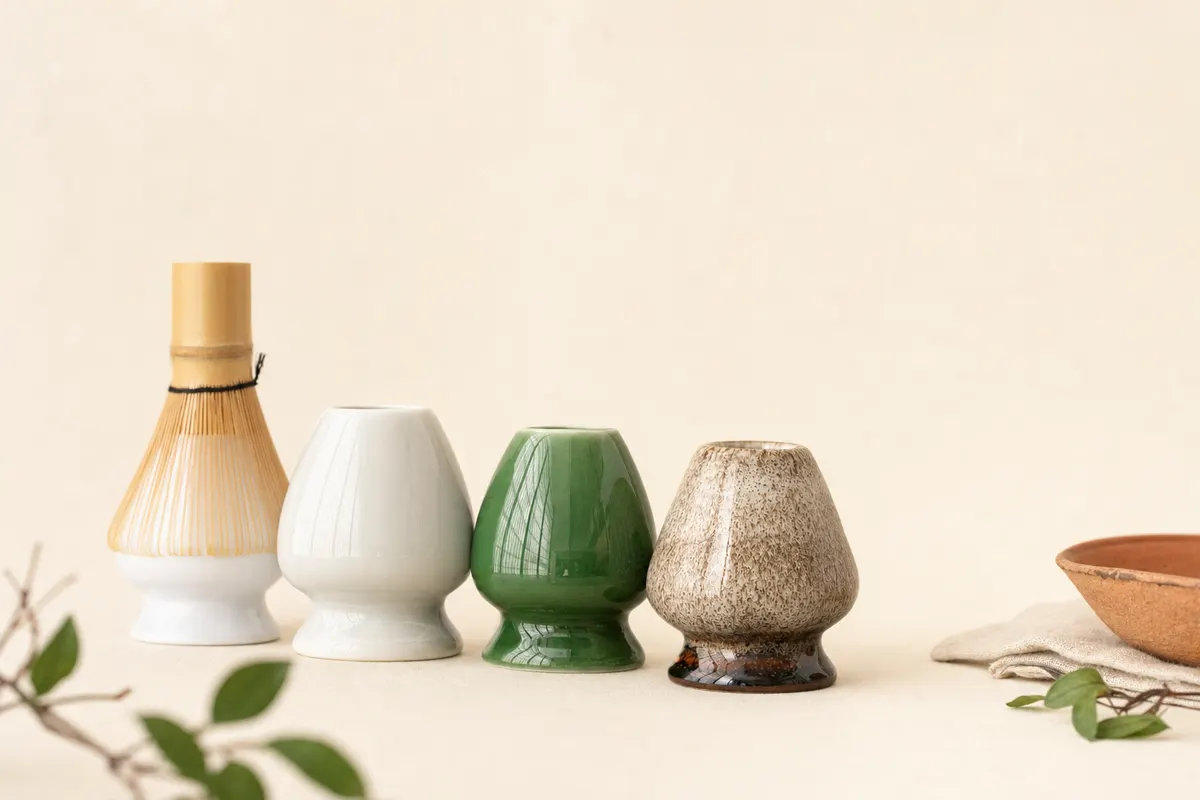 Glazed ceramic matcha whisk holder with a bamboo chasen resting tines-down on top