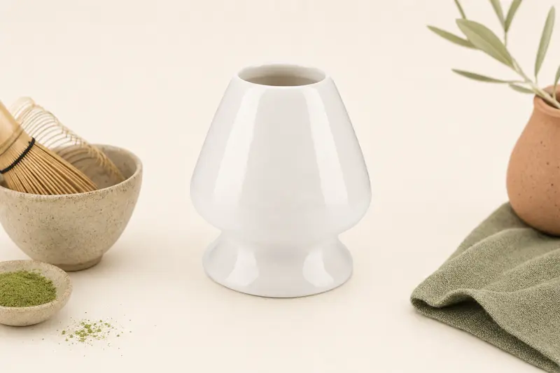 Glazed ceramic matcha whisk holder displayed on a counter as a small decorative object